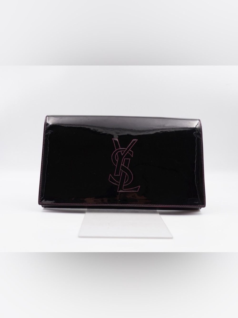 Yves Saint Laurent Black Patent Clutch with Purple Stitching